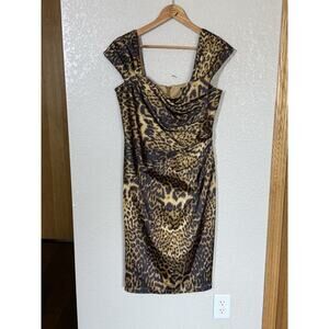 Tadashi Shoji Animal Print Sheath Dress Size 12 Ruched Cap Sleeves Leopard Satin